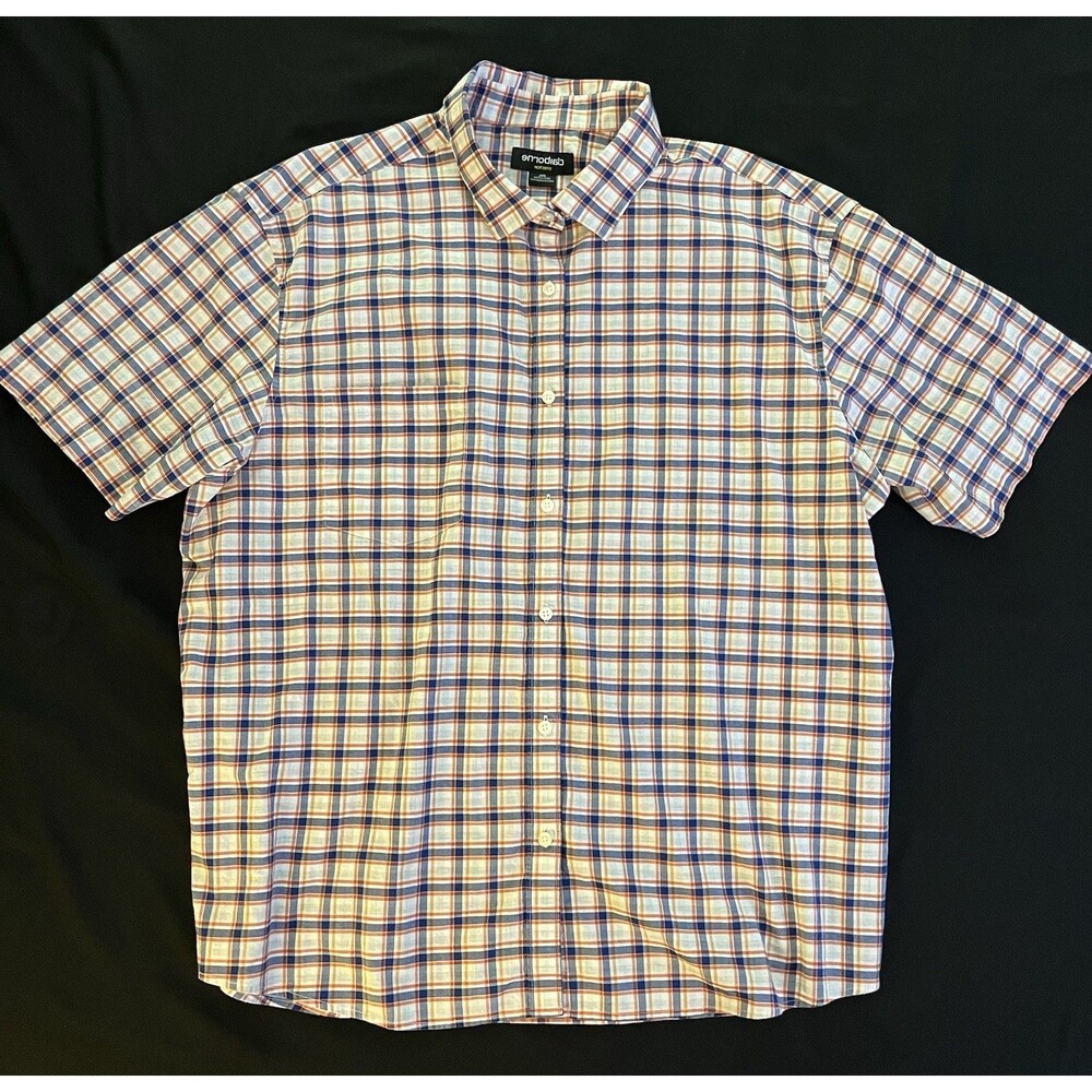 Claiborne Stretch Men's 2XL Plaid Woven Button-Up Shirt Blue Orange White